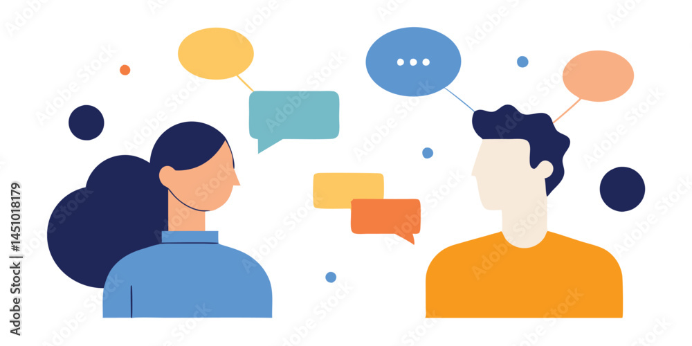 Aufkleber Vector illustration of two diverse individuals engaged in conversation with speech bubbles representing dialogue and communication
