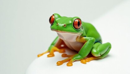 Fototapeta premium Green tree frog, perched on white, vibrant skin, green frog, white, wildlife
