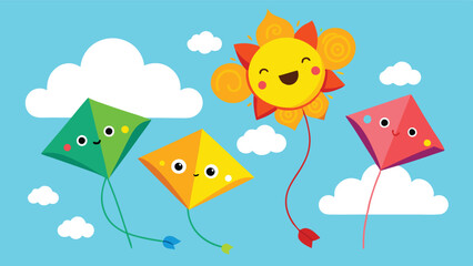 Colorful kites flying in a bright blue sky with cheerful sun and fluffy clouds, perfect for outdoor fun and festivities during springtime celebrations