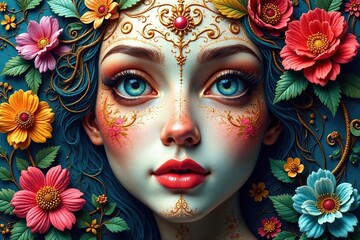 Intricate floral design covering a ceramic visage , flowers, artisan, detail