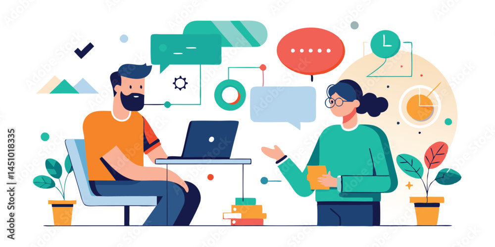 Poster vector illustration of two diverse individuals engaged in conversation with speech bubbles represent