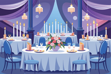Elegant banquet setup featuring decorated tables with candles and flowers in a grand indoor venue for a special occasion in the evening
