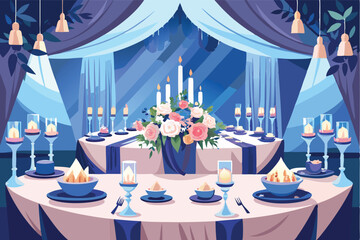 Elegant banquet setup featuring decorated tables with candles and flowers in a grand indoor venue for a special occasion in the evening