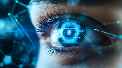 Human eye close-up with digital overlay suggests connection to technology, data processing, or augmented reality with a futuristic design.