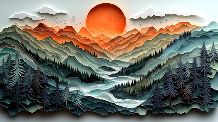 Abstract paper mountains in warm tones with trees high resolution photo