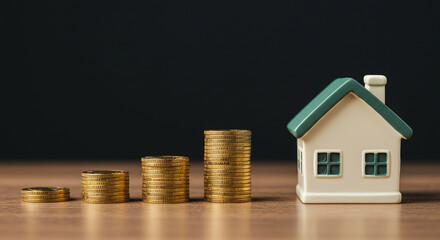 Stacks of coins next to a miniature house model on a wooden surface against a dark background scene selling, purchasing, agreement,&nbsp;$