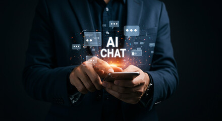 Person in suit using smartphone with ai chat interface and floating message bubbles around hands selling, purchasing, agreement,&nbsp;$