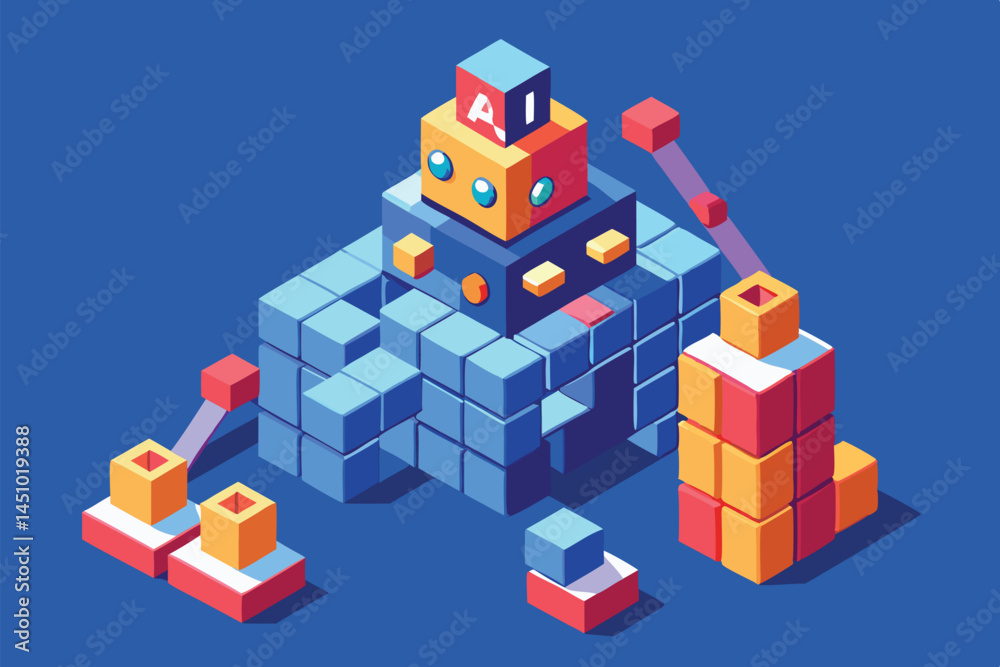 Aufkleber colorful vector illustration of a stylized robot made of blocks, showcasing a playful design with br