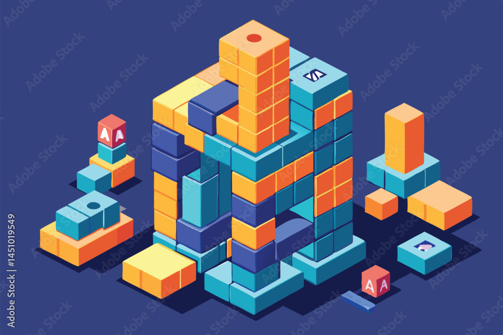 Poster colorful vector illustration of a stylized robot made of blocks, showcasing a playful design with br