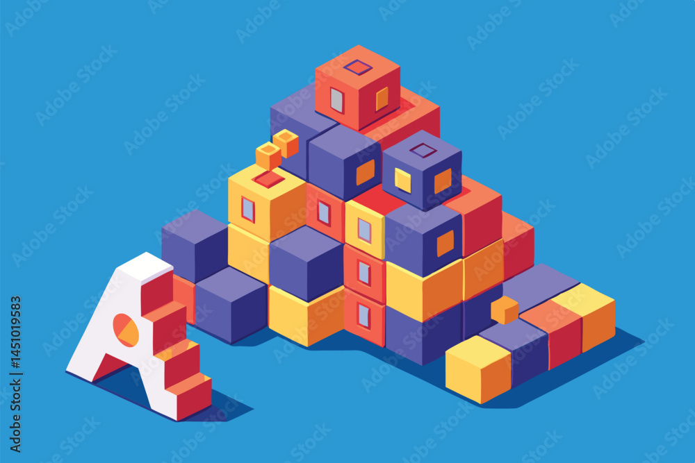 Poster colorful vector illustration of a stylized robot made of blocks, showcasing a playful design with br