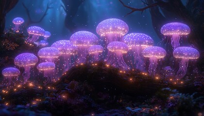 Glowing jellyfish illuminate a dark forest