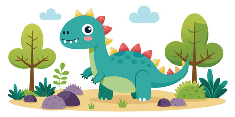 Cheerful dinosaur standing in a colorful landscape with rocks, plants, and trees, perfect for children's illustrations or educational materials