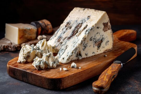 Delicious blue cheese wedge on a rustic wooden board.