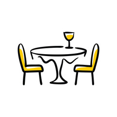 Romantic Candlelight Dinner Doodle Vector, Dining Table with Wine Bottle and Glass.