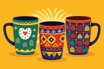 Colorful vector illustration of six unique ceramic cups featuring intricate patterns and designs on a vibrant yellow background