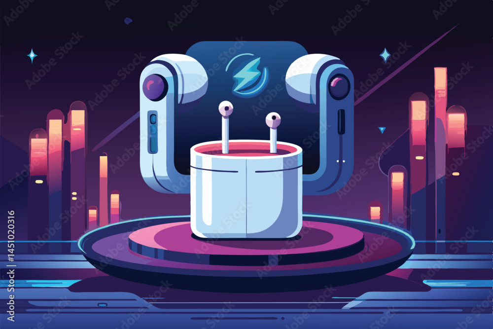 Aufkleber dynamic vector illustration of a futuristic gadget on a sleek platform, surrounded by glowing citysc