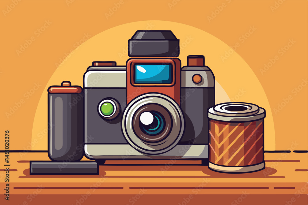 Poster vintage camera with film roll and developing tank on wooden surface illuminated by warm light in cre