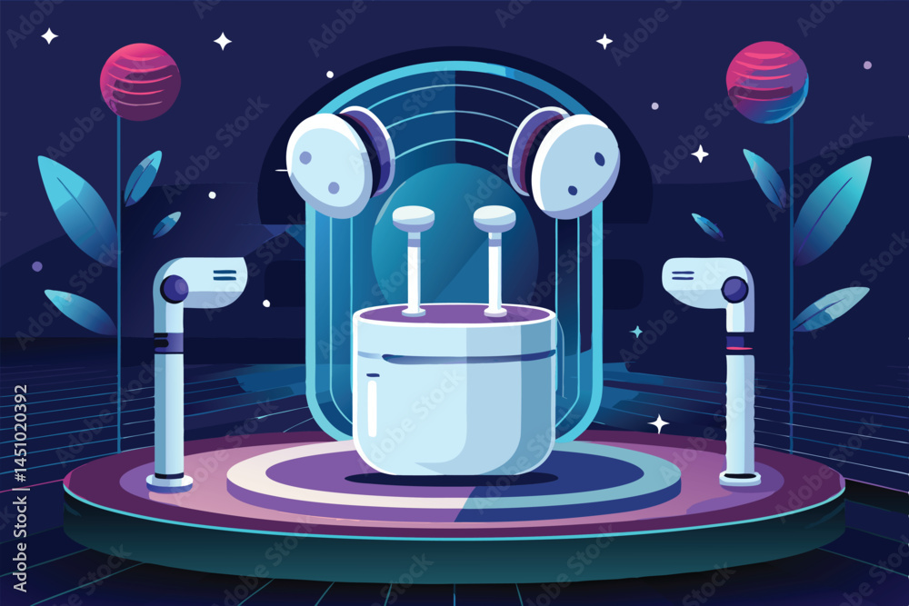 Poster dynamic vector illustration of a futuristic gadget on a sleek platform, surrounded by glowing citysc