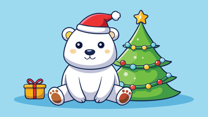 Festive polar bear wearing a red hat and scarf with decorated Christmas trees in a snowy winter landscape