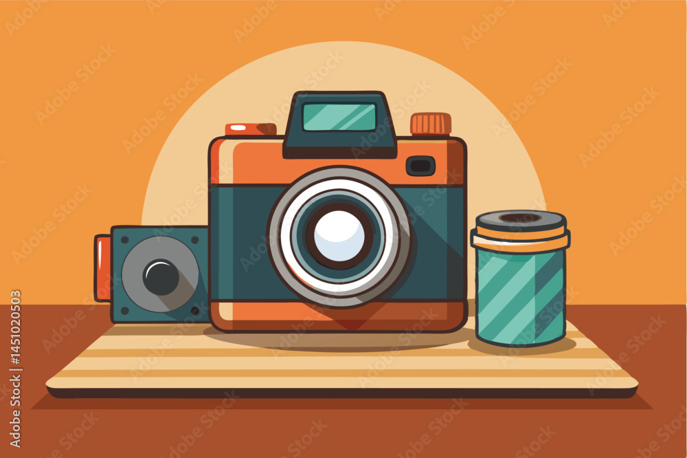 Poster vintage camera with film roll and developing tank on wooden surface illuminated by warm light in cre