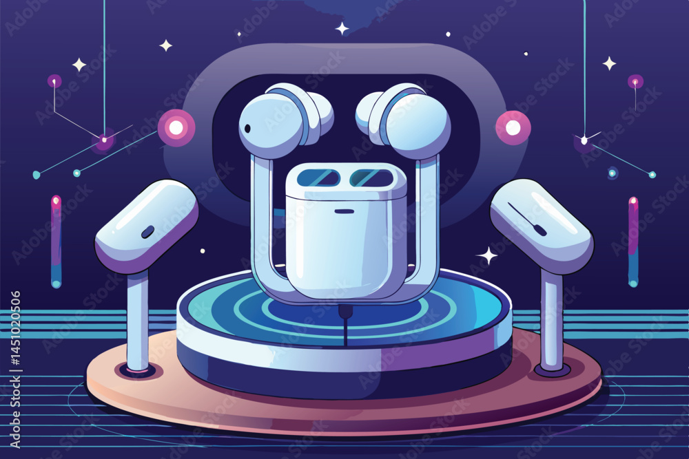 Poster dynamic vector illustration of a futuristic gadget on a sleek platform, surrounded by glowing citysc