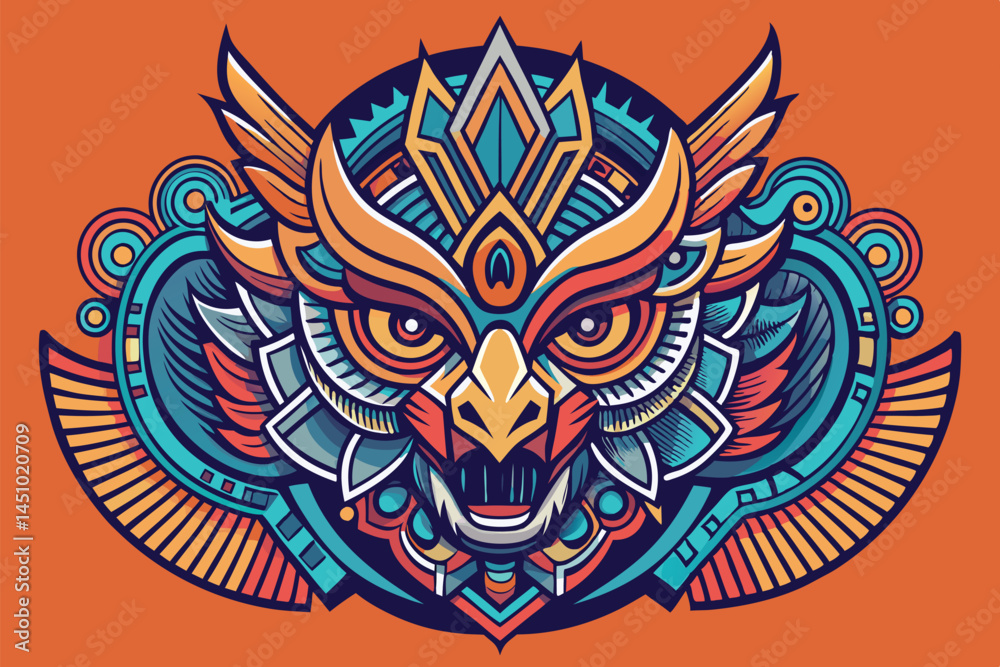 Poster colorful winged animal vector illustration featuring geometric shapes and intricate patterns on a bl