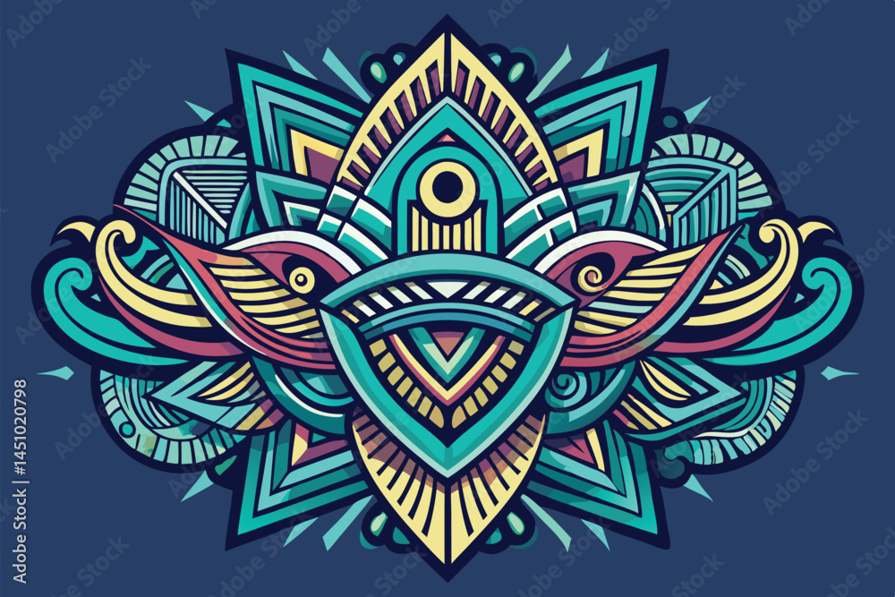 Poster colorful winged animal vector illustration featuring geometric shapes and intricate patterns on a bl