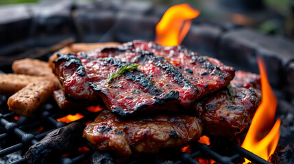 4k Food Composition of Barbecue Meat on Fire