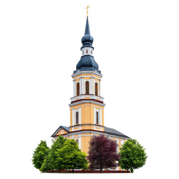 Beautiful Church Tower Surrounded by Lush Green Trees and Blue Sky on a Sunny Day in Spring, isolated on transparent background.