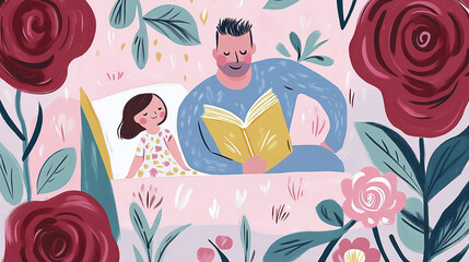 Father reading book to two daughters at bedtime surronded by flowers. Concepts of Father's Day, dark red roses, parenting, care, nighttime, being together, nighttime reading