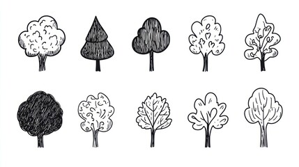 Doodle Trees Collection on White Background