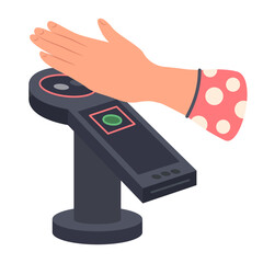 Hand payment system. Palm payment. Hand payment system. Women holds hand above palm payment scanner.  Touchless verification, contactless biometric authentication. Digital transactions.  Vector
