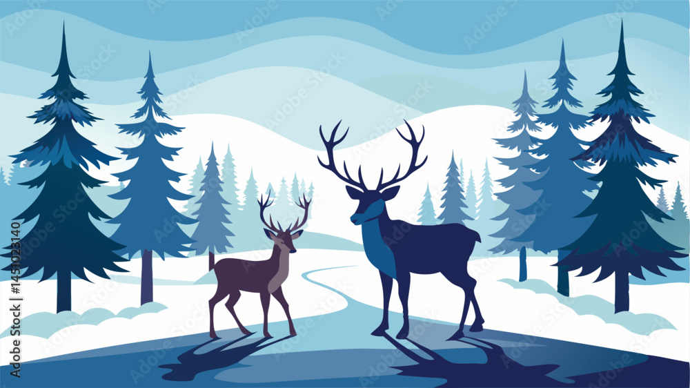 Poster deer family in a serene forest landscape during winter with snow-covered ground and evergreen trees 