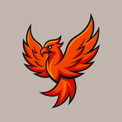 Fototapeta premium Fiery Phoenix Rising: A majestic phoenix with fiery orange plumage takes flight against a simple backdrop, embodying rebirth, strength, and renewal.