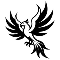 Obraz premium Phoenix Soaring: A striking black and white illustration of a majestic phoenix in mid-flight, wings spread wide. This powerful image symbolizes rebirth, resilience, and transformation. 
