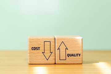 Costs down, quality up. Company management strategy. Increasing efficiency and reducing unnecessary costs. The concept of business success and effective management.