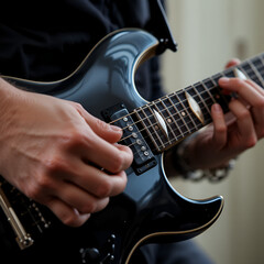 Fototapeta premium Black electric guitar close-up - male hand playing a pick on strings - downstroke and upstroke - a variable stroke