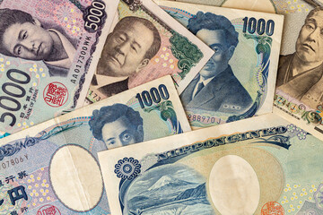 Japan money, business background. Financial concept. Japanese yen new and old, flat lay. close up
