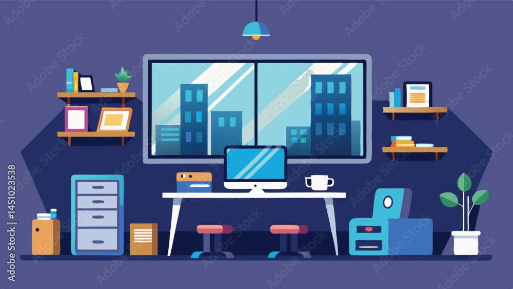Poster modern workspace vector illustration showcasing a cozy office design with large windows and city vie