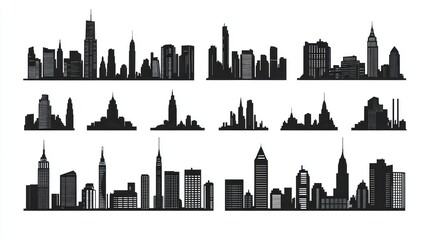 Naklejka premium Cityscape silhouettes, urban skyline, various views, background white, design element