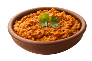 Ajvar relish in a terracotta bowl garnished with parsley on a transparent background.