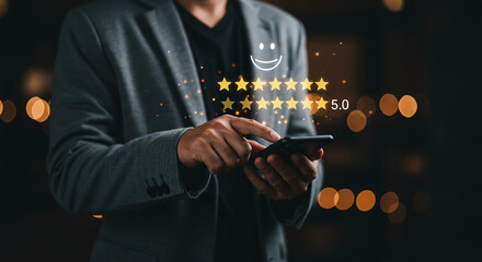 Person using smartphone with digital star rating and smiley face overlay against bokeh background selling, purchasing, agreement, $