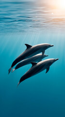 Fototapeta premium Majestic silhouetted dolphins swimming upward into sunlit ocean depths