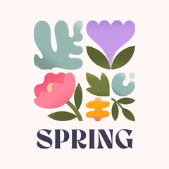 Spring artistic illustration with abstract flowers and plants.Banner template with modern floral elements.Seasonal background for holidays prints,invitations,offers,covers,greetings,branding