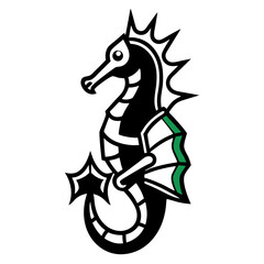 Naklejka premium Seahorse Icon: An intricately illustrated seahorse, showcasing bold black and green design elements. This striking emblem captures the seahorse's unique shape and aquatic essence. 