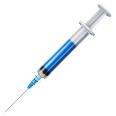 Fototapeta premium Blue Liquid in Medical Syringe with Needle Ready for Injection in Healthcare Setting, isolated on transparent background.
