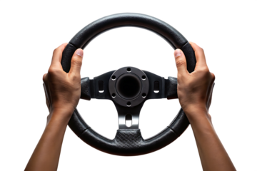 Hands holding steering wheel on white transparent background