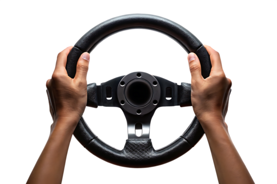 Hands holding steering wheel on white transparent background