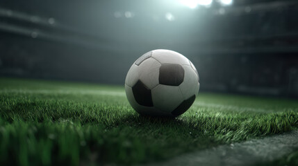 Naklejka premium A classic black and white soccer ball sits on the fresh green grass of a stadium field illuminated by bright spotlights casting long shadows in the background.