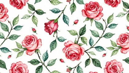 Delicate watercolor roses, intertwined leaves Seamless floral pattern , petal, watercolor